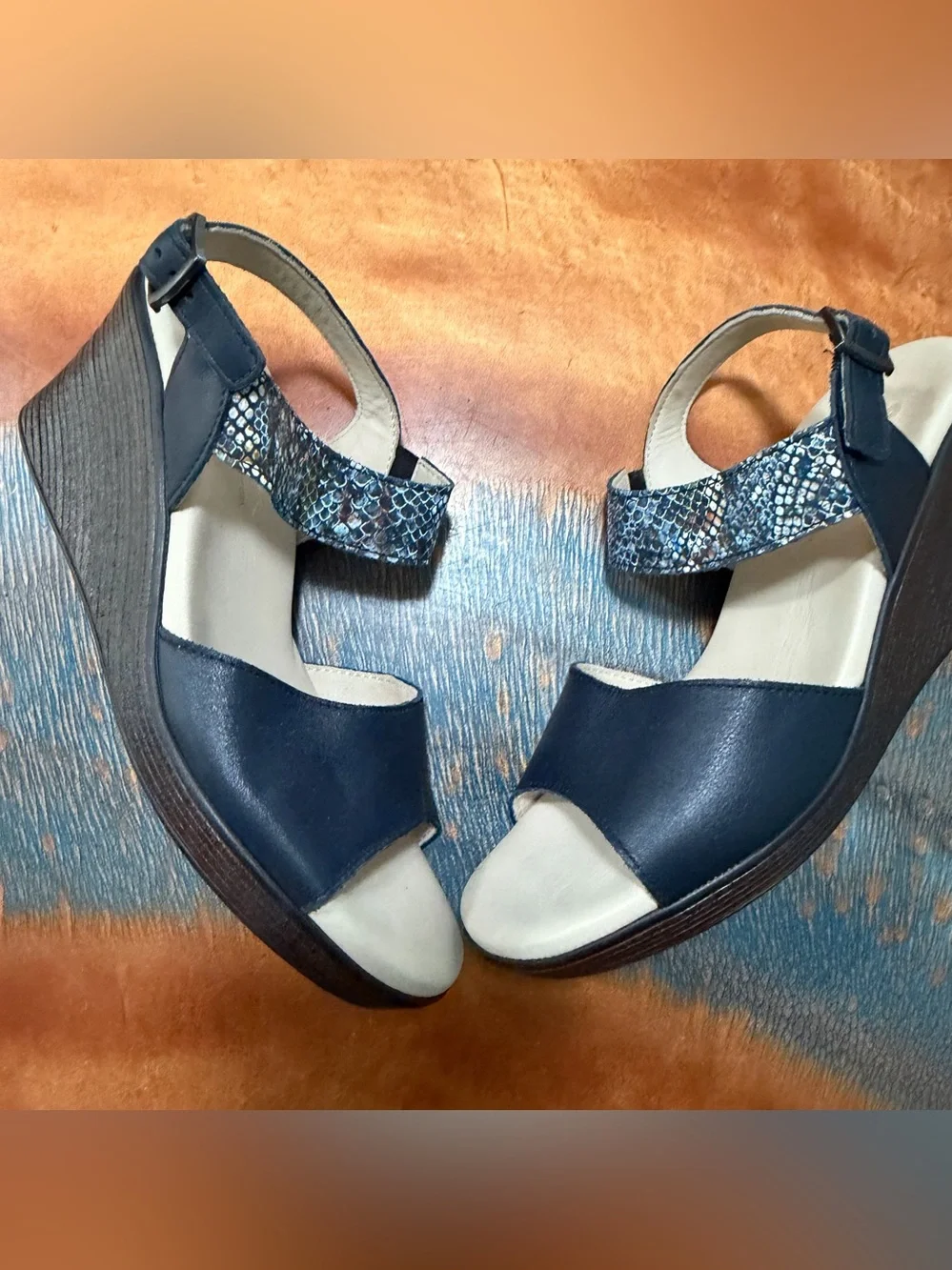 SAS Navy Wedge Sandals with Metallic Patterned Strap size 8